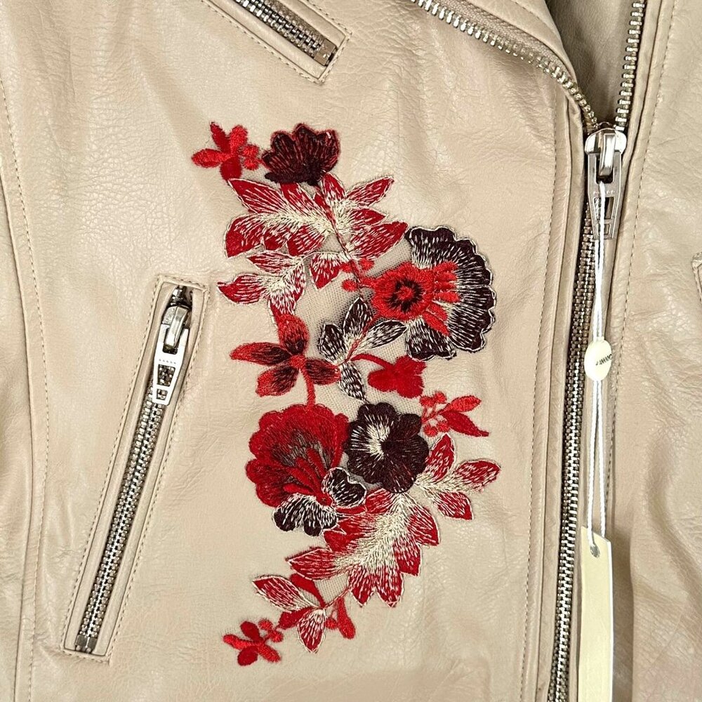 NWT Blank NYC Tan Floral Embroidered Vegan Leather Moto Jacket Size XS Biker - Picture 7 of 10